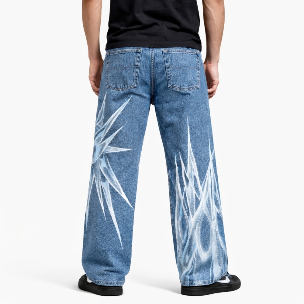 MENS CROWN OF THORNS WIDE LEG BAGGY JEANS SIZE 36x32 HAND PAINTED by DELIRIA - Picture 5 of 5